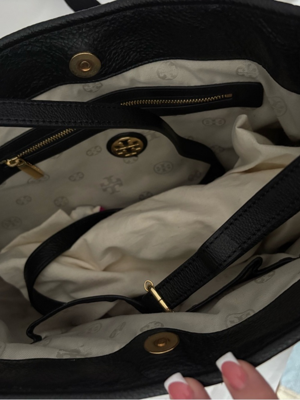 Tory Burch Black Leather Tote with Gold Logo Hardware - Picture 2 of 4